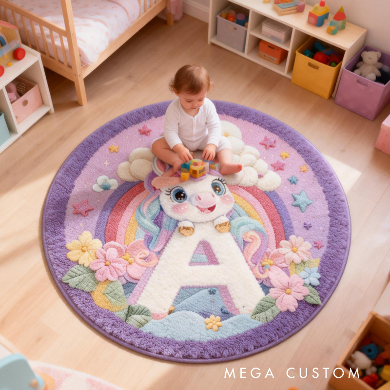 Personalized Dream Horse Theme Custom Name Rainbow Cloud Magical Letter A Round Carpet Rug for Kids