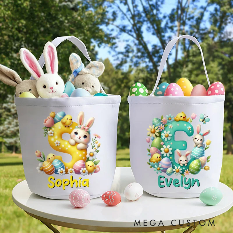 Personalized Cartoon Bunny Easter Eggs Large Capacity Canvas Easter Basket with Name and Initial Eggs Hunting Party Easter Gift for Kids