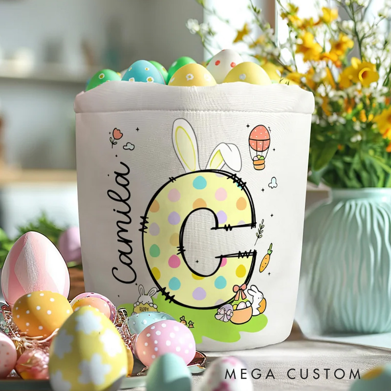 Personalized Bunny Ears Initial Hot Air Balloon Canvas Easter Basket with Name Eggs Hunting Party Easter Gift for Kids