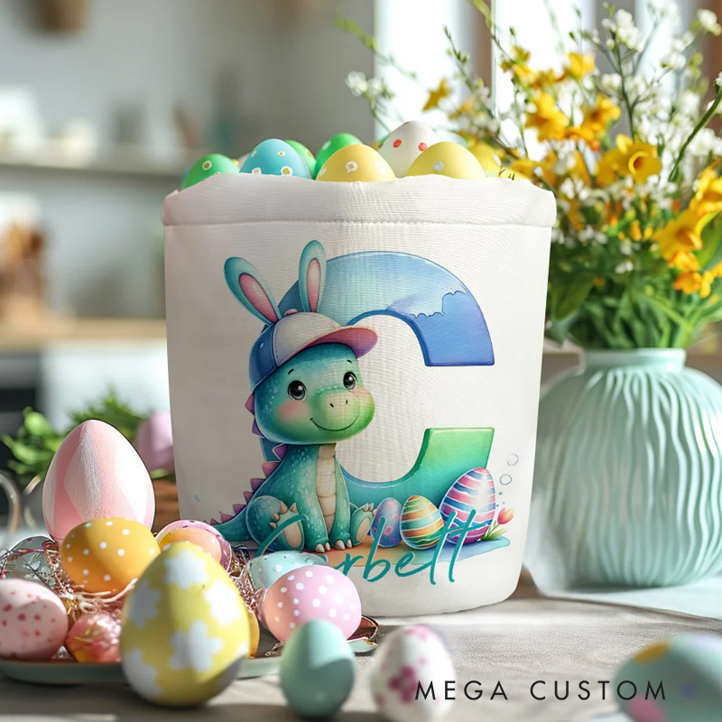 Personalized Cute Fantasy Rainbow Horse Dinosaur Canvas Easter Basket with Initial and Name Party Favor Eggs Hunting Easter Gift for Kids