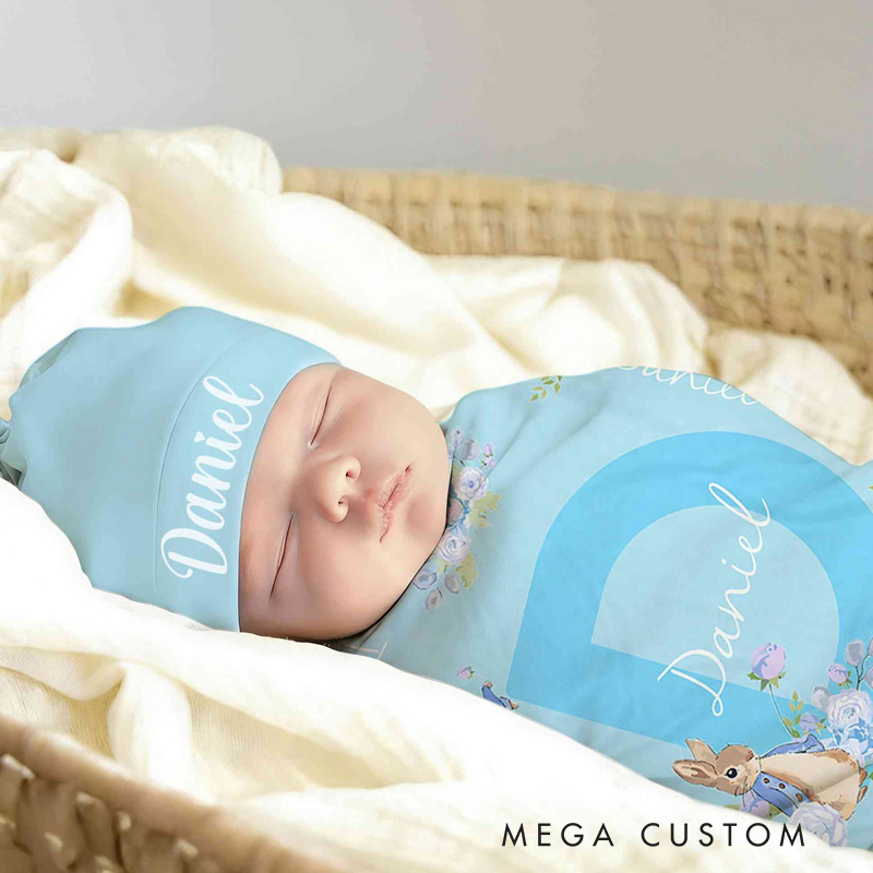 Personalized Name Peter Rabbit Bunny Alphabet Receiving Blanket with Hat Swaddle Hat Set for Baby Girl Boy Birthday Baby Shower Easter Gift for Newborns