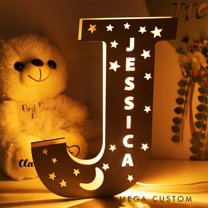 Personalized Letter Theme Custom Name Soft Yellow Glow Decorative Initial Shape Wooden Night Light
