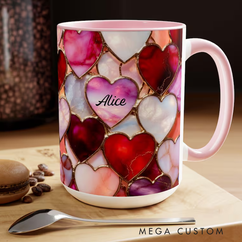 Personalized Stained Glass Hearts Mug with Name Romantic Pastel Coffee Cup Birthday Gift 