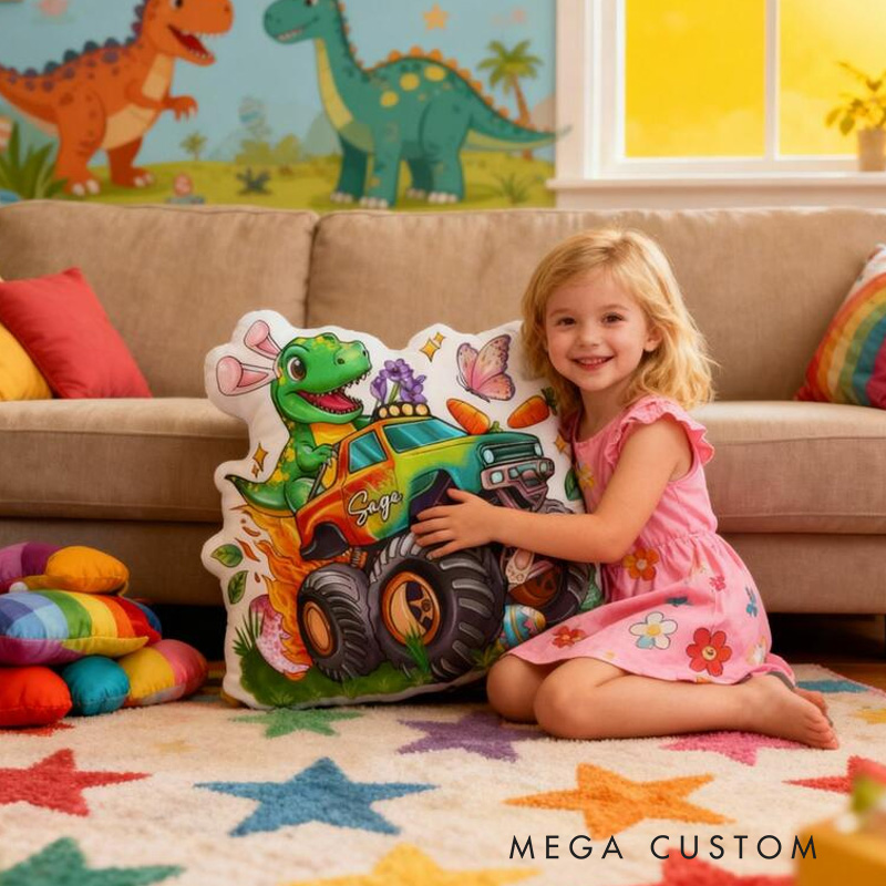 Personalized Monster Truck Theme Custom Name Fun Dinosaur Driver Adventure 3D Print Pillow