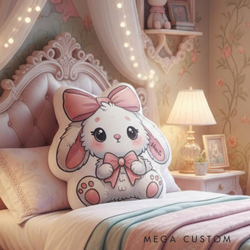 Personalized Bunny Theme Custom Name Cute Pink Bow Adorable Fluffy Rabbit Style 3D Print Pillow