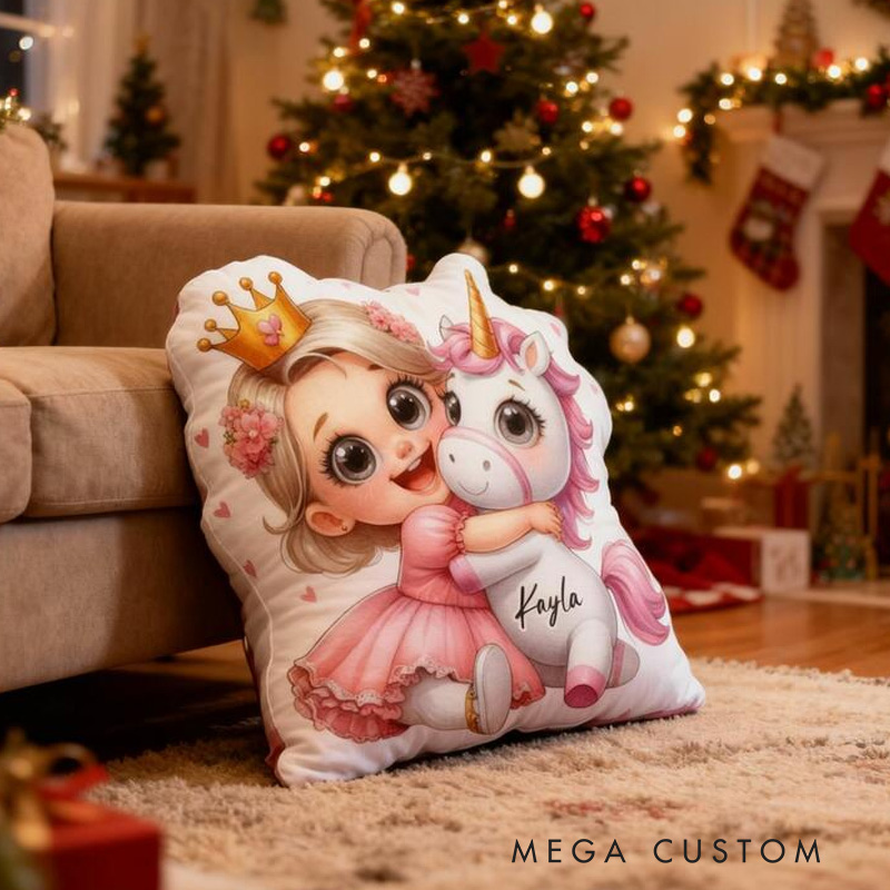 Personalized Princess Theme Custom Name Cute Girl Hugging Dream Horse Pink Crown Style 3D Print Pillow