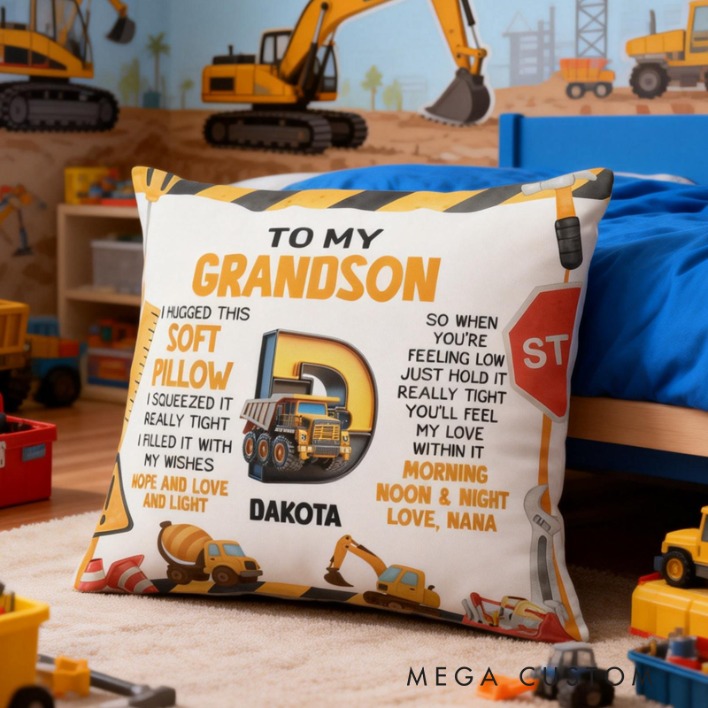 Personalized Cartoon Excavator Soft Throw Pillow Cover with Name and Initial Home Decor Birthday Children's Day Gift for Kids