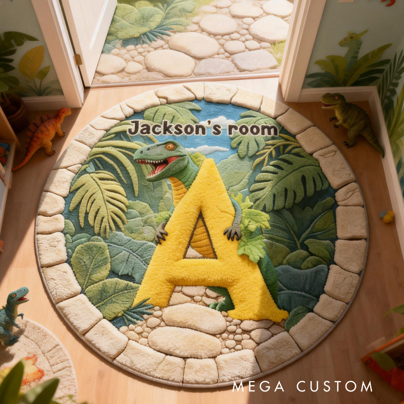 Personalized Dinosaur Theme Custom Name Jungle Adventure Green T Rex Playtime Carpet Rug for Kids