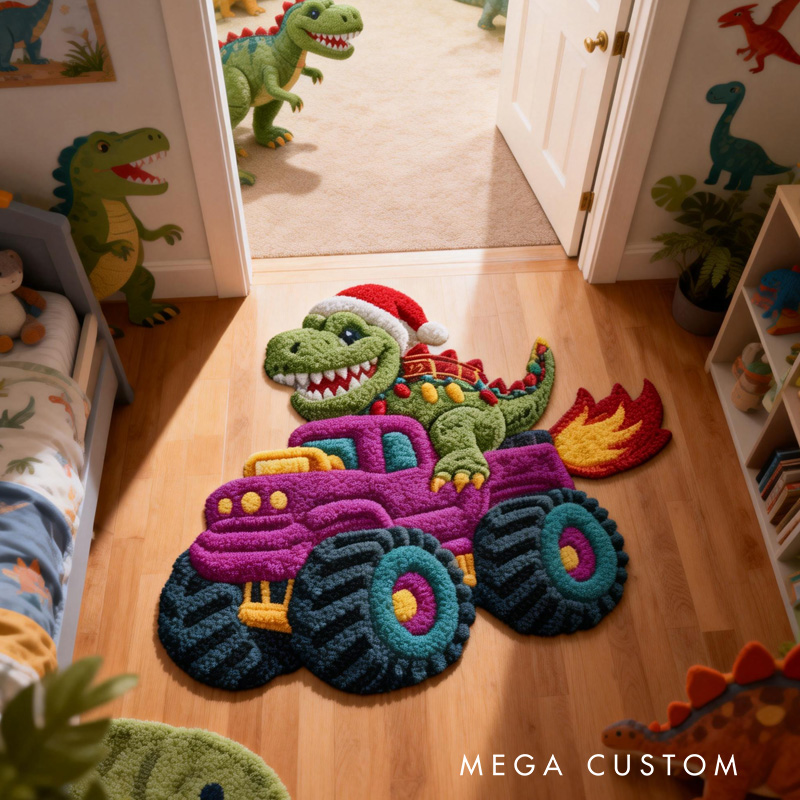 Personalized Monster Truck Theme Custom Name Cool Dinosaur Driver Fire Wheel Carpet Rug for Kids