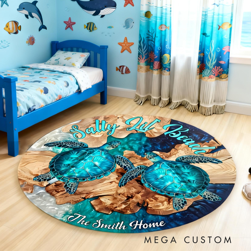 Personalized Beach Turtle Round Rug Birthday Gifts for Kids Perfect Gift