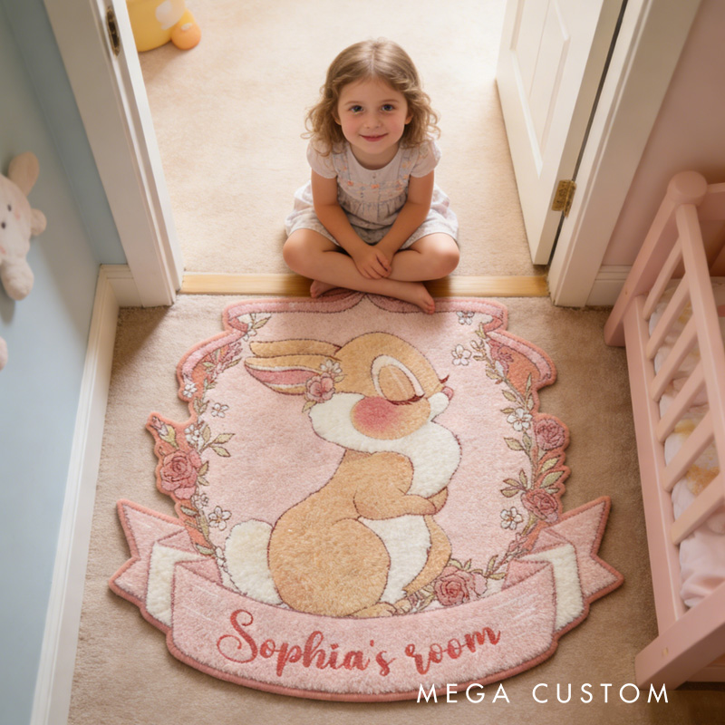 Personalized Bunny Theme Custom Name Cute Pink Bow Floral Wreath Soft Pastel Carpet Rug for Kids
