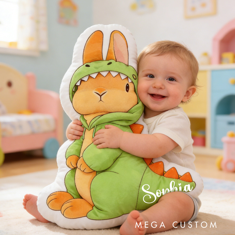 Personalized Bunny Theme Custom Name Cute Rabbit Wearing Green Dinosaur Costume 3D Print Pillow