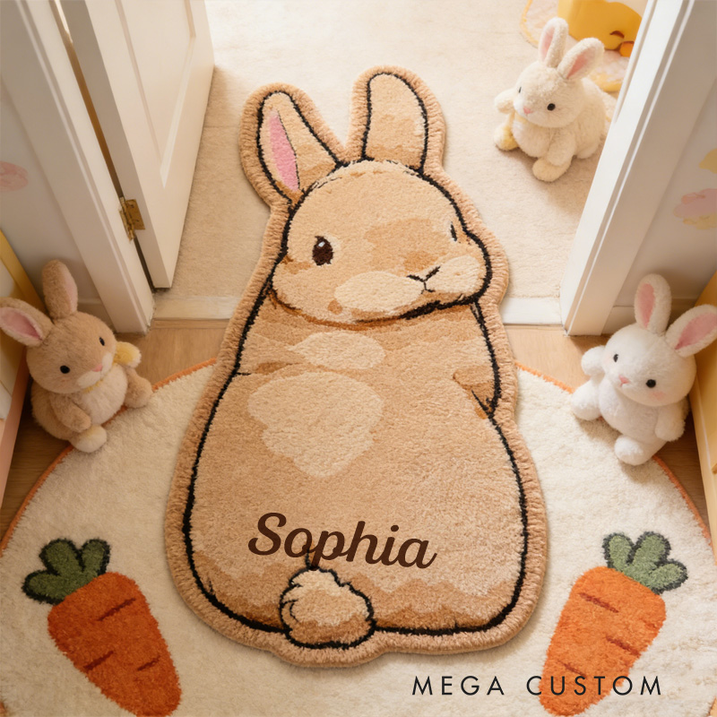 Personalized Cute Bunny Theme Custom Name Fluffy Animal Shape Warm Nursery Carpet Rug for Kids