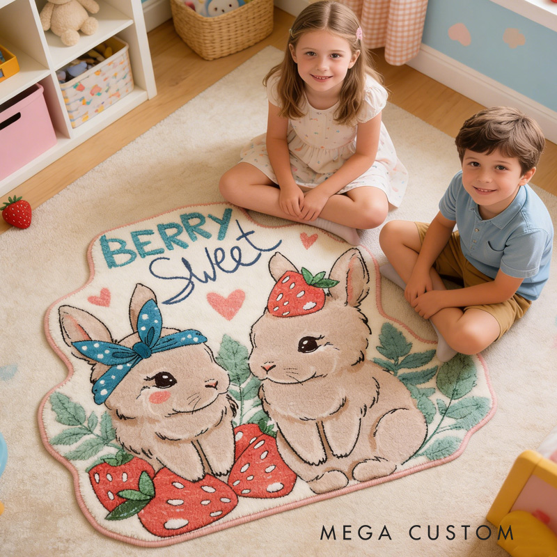 Personalized Bunny Theme Custom Name Cute Rabbits with Strawberries Sweet Pastel Carpet Rug for Kids