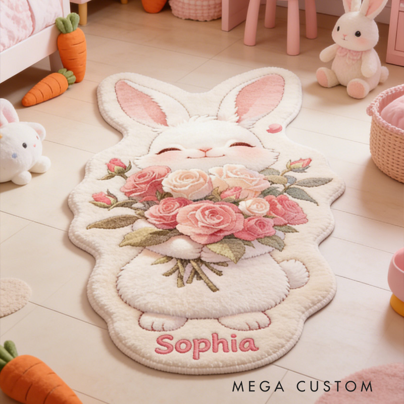 Personalized Rabbit Theme Custom Name Adorable Bunny with Floral Bouquet Cozy Carpet Rug for Kids
