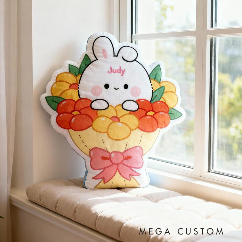 Personalized Bunny Theme Custom Name Cute Rabbit in Flower Basket with Pink Bow 3D Print Pillow