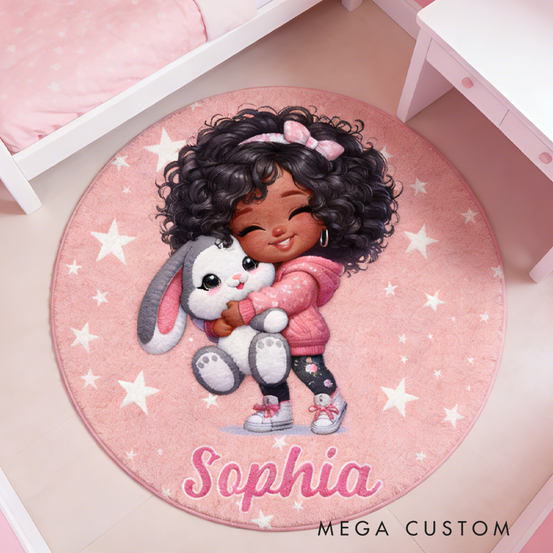 Personalized Cartoon Black Girl Rug with Name Home Decor Christmas Birthday Gift for Kids