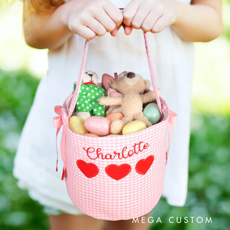 Personalized Gingham Heart Bucket Bag with Embroidered Name Birthday Valentine's Day School Exchange Gift for Kids