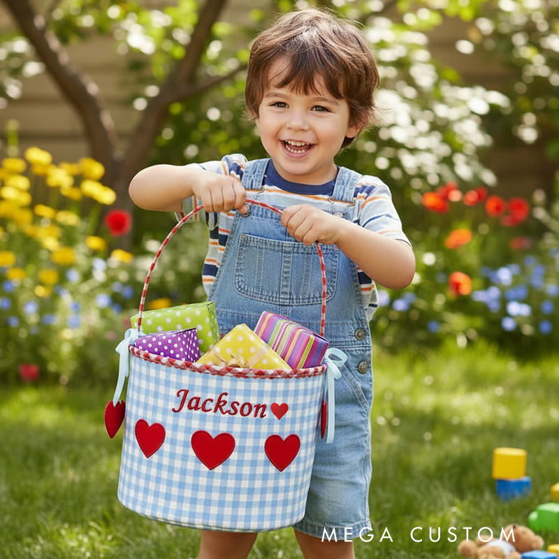 Personalized Gingham Heart Bucket Bag with Embroidered Name Birthday Valentine's Day School Exchange Gift for Kid