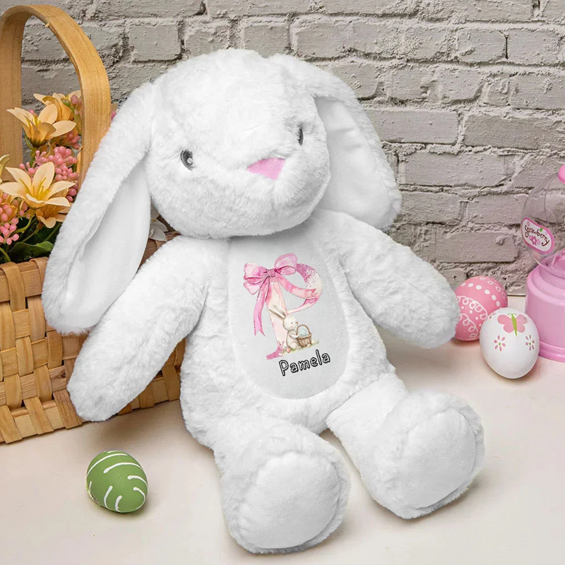 Personalized Pink Coquette Bow Initial Cute Easter Bunny Plush Stuffed Animal Toy with Name Easter Birthday Gift for Kids