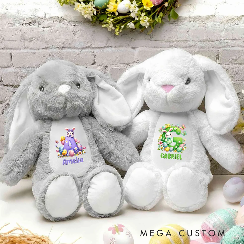 Personalized Easter Egg Cartoon Rabbit Flowers Plush Bunny Stuffed Toy with Initial and Name Easter Gift for Boys Girls