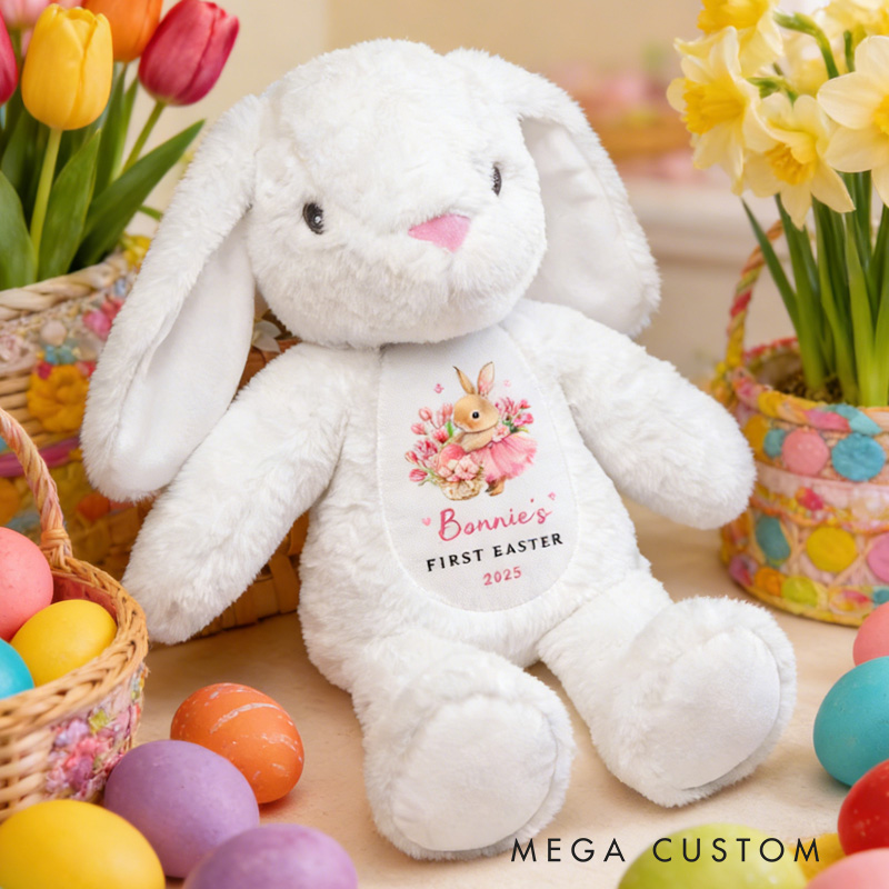 Personalized First Easter Cute Bunny Plush Stuffed Animal Toy with Name and Year Holiday Baby Shower Gift for Boys Girls