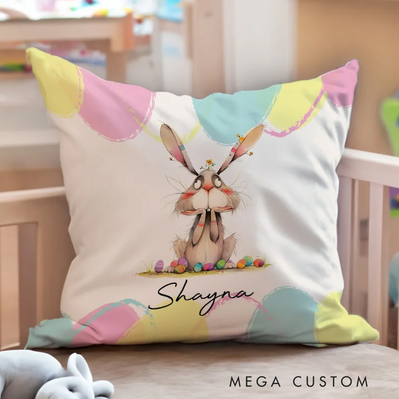 Personalized Quirky Easter Egg Bunny Soft Throw Pillow Cover with Name Easter Party Home Decor Gift for Kids