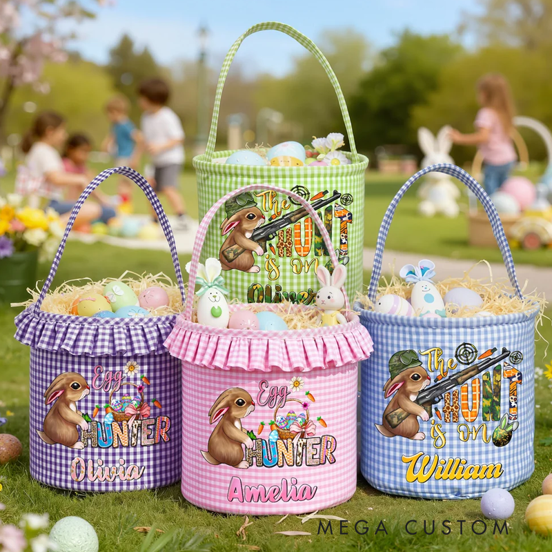 Personalized Cute Bunny Camouflage Flower Plaid Easter Basket with Name Easter Egg Hunt Easter Gift for Boys Girls