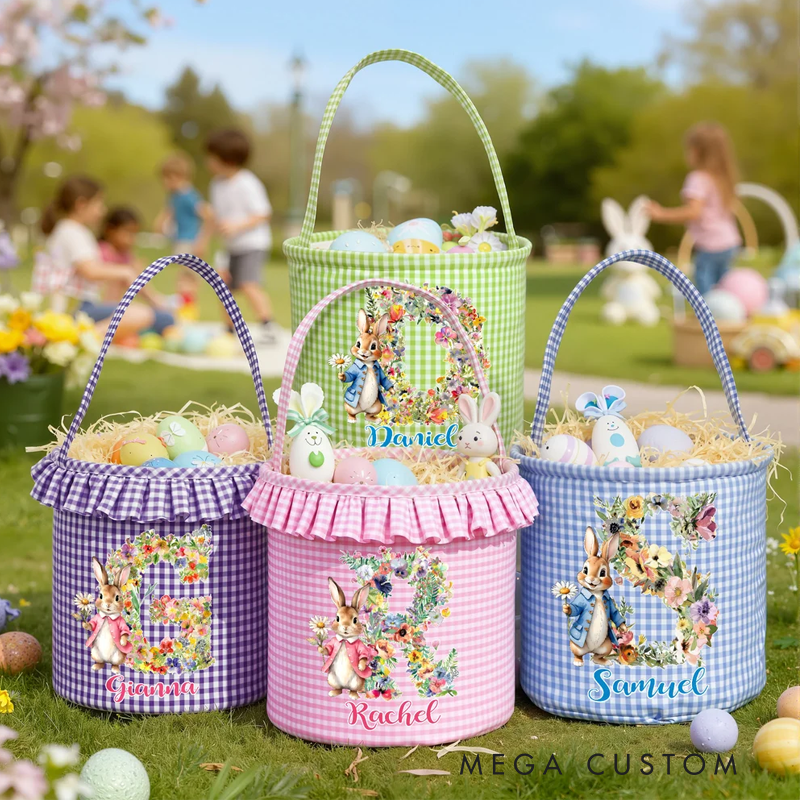 Personalized Cute Flower Peter Rabbit Easter Basket with Name and Initial Easter Eggs Hunting Party Favor Gift for Boys Girls