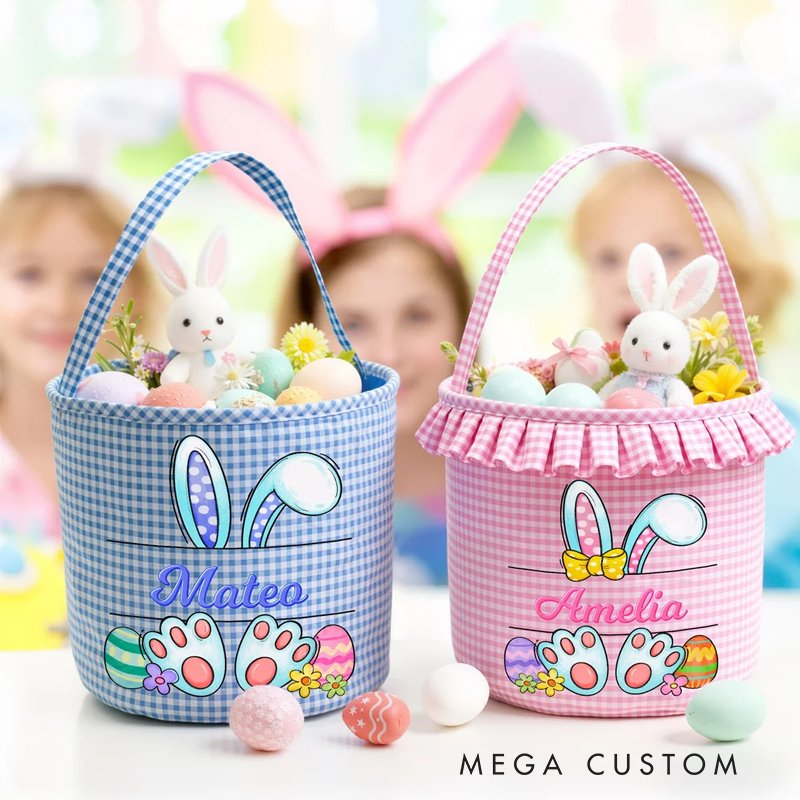 Personalized Multi-Color Cute Peter Rabbit Large Capacity Plaid Easter Basket with Name Easter Egg Hunting Party Favor Gift for Boys Girls