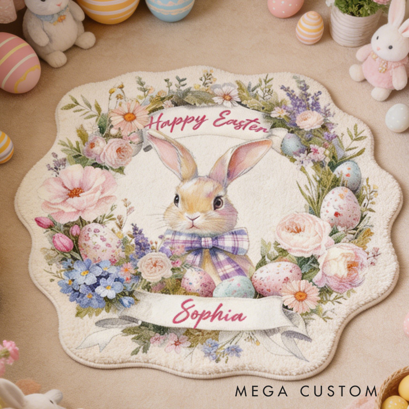 Personalized Bunny Theme Custom Name Cute Easter Rabbit with Floral Wreath Pastel Carpet Rug for Kids