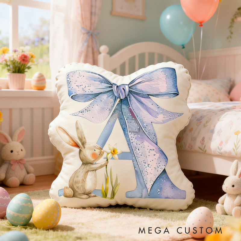 Personalized Bunny Theme Custom Name Cute Rabbit with Big Pink Blue Bow 3D Print Pillow