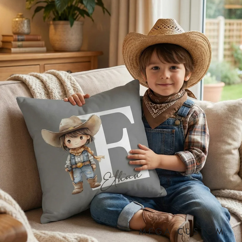 Personalized Cartoon Cowboy Cowgirl Soft Throw Pillow Cover with Name and Initial Home Decor Birthday Gift for Boys Girls