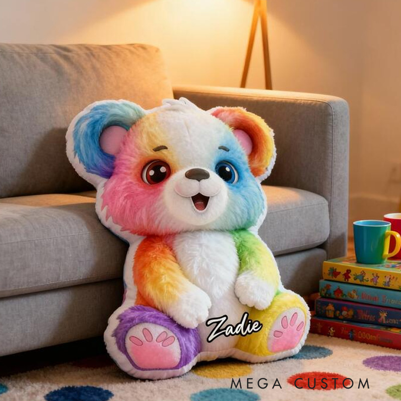 Personalized Cute Teddy Theme Custom Name Bright Colorful Rainbow Bear Pattern 3D Print Pillow