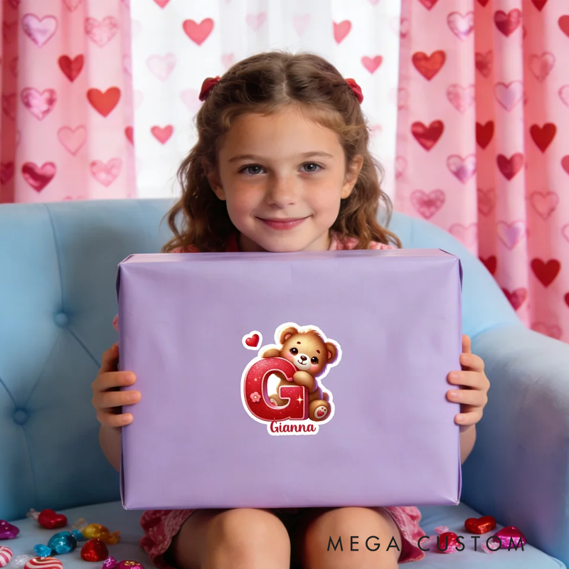 Personalized Heart Cute Cartoon Bear Initial Waterproof Stickers Labels with Name Valentine's Day Birthday Gift for Kids