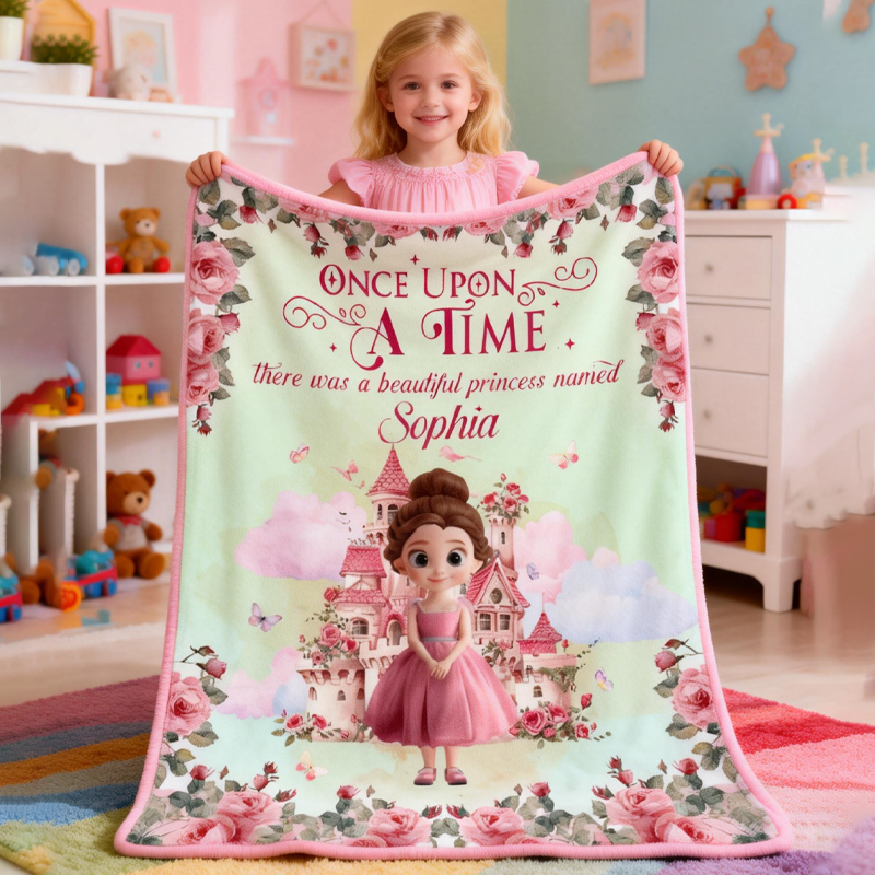 Personalized Once Upon A Time There Was A Beautiful Princess Blanket with Name Home Decor Birthday Gift for Kids