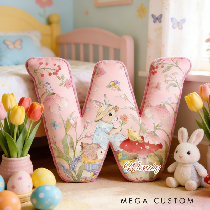 Personalized Bunny Theme Custom Name Cute Rabbit with Eggs and Flowers Pink 3D Print Pillow