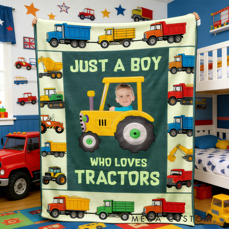Personalized Just A kid Who Loves Tractors Baby Photo Blanket with Name Home Decor Birthday Gift for Kids
