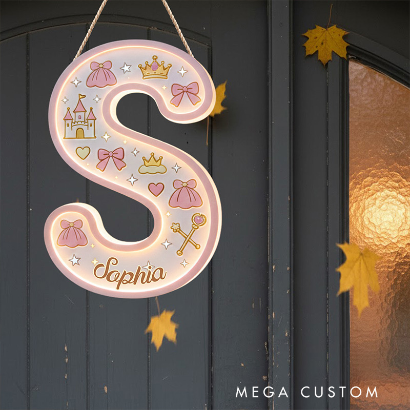 Personalized Princess Theme Custom Name Crown Castle and Bow Pattern Nursery LED Light Acrylic Sign