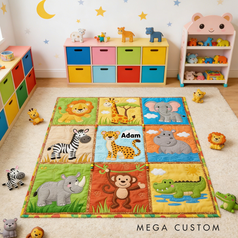 Personalized Jungle Animal Theme Custom Name Cute Safari Lion Giraffe Elephant Monkey Blanket