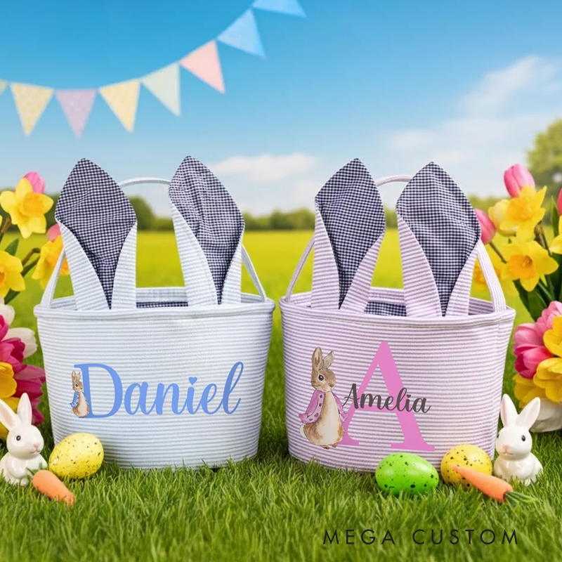 Personalized Cute Peter Rabbit Ears Stripe Easter Basket with Name and Initial Easter Party Favor Eggs Hunting Gift for Kids