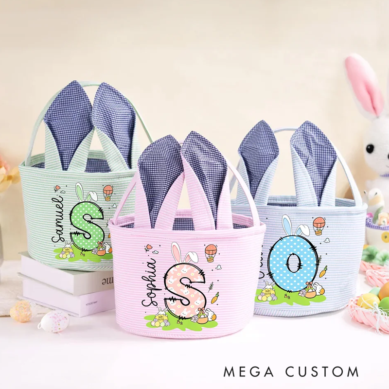 Personalized Cute Bunny Ears Polka Dot Initial Easter Basket with Name Egg Hunt Accessories Easter Party Gift for Boys Girls
