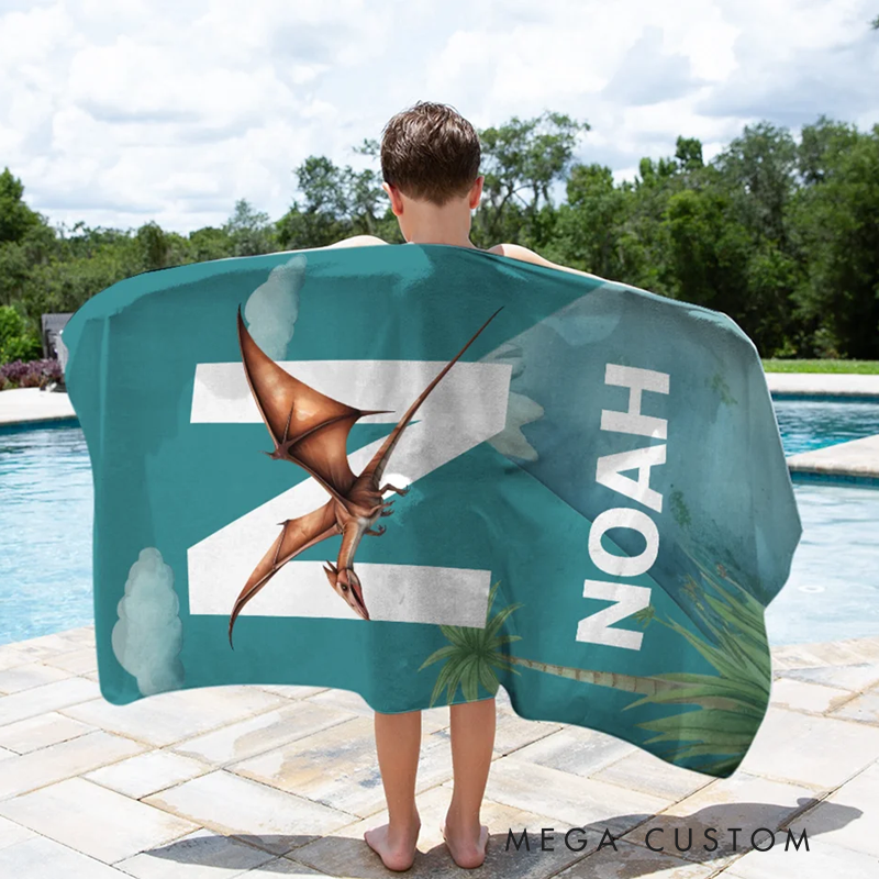 Personalized Cute Dinosaur Quick Dry Oversized Beach Towel with Name and Initial Travel Essential Summer Vacation Birthday Gift for Kids