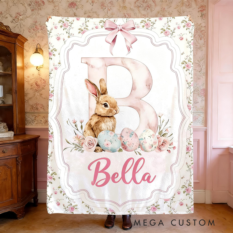 Personalized Retro Pink Bunny with Name Blanket Home Decor Birthday Gift for Kids Easter Gifts
