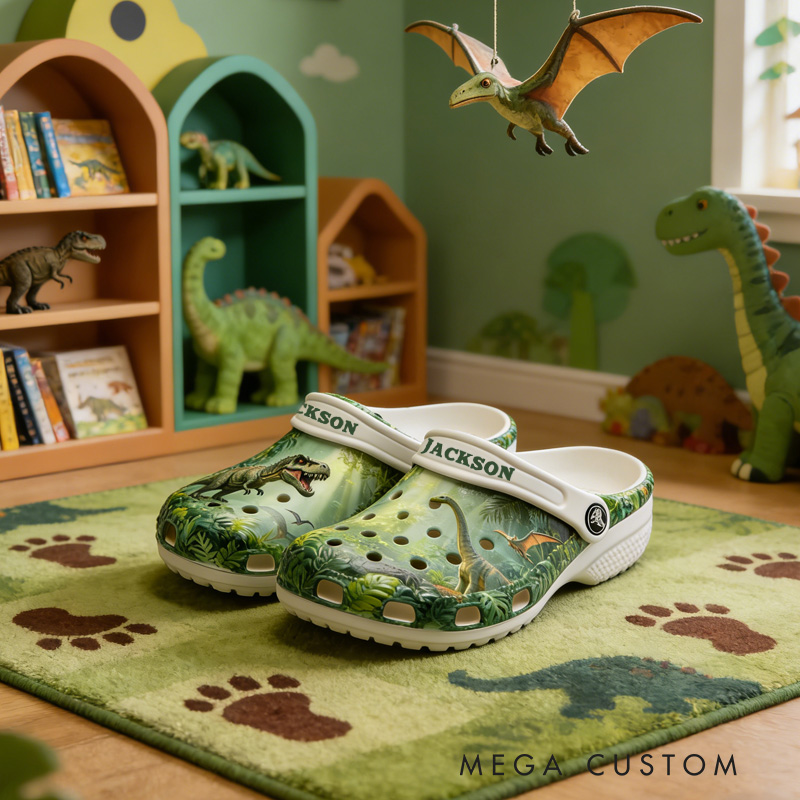 Personalized Dinosaur Theme Custom Name Green Jungle T Rex Pattern Adventure Kids Rubber Clogs
