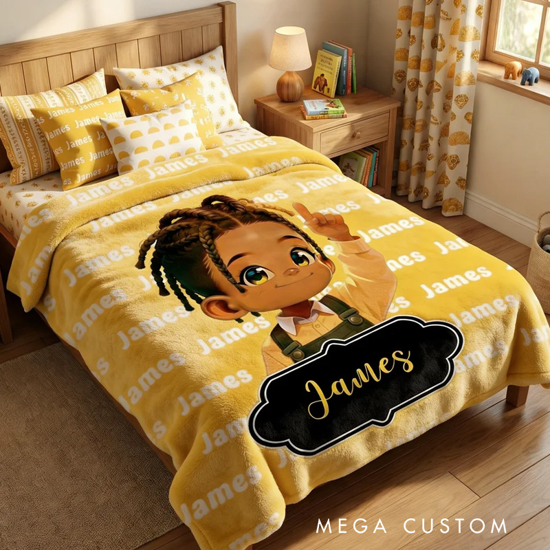 Personalized Cute Cartoon Little Black Boy Soft Throw Blanket with Name Home Decor Birthday Anniversary Gift for Boys
