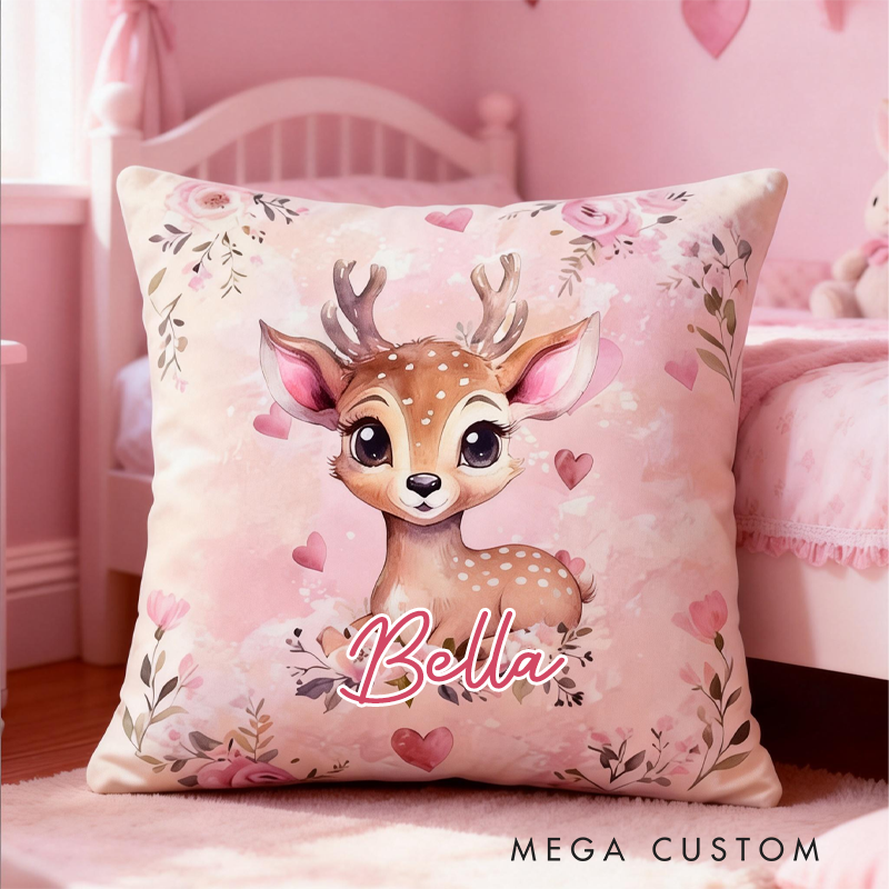 Personalized Watercolor Retro Pink Animal Pillow with Name Birthday Gifts for Kids Easter Gifts