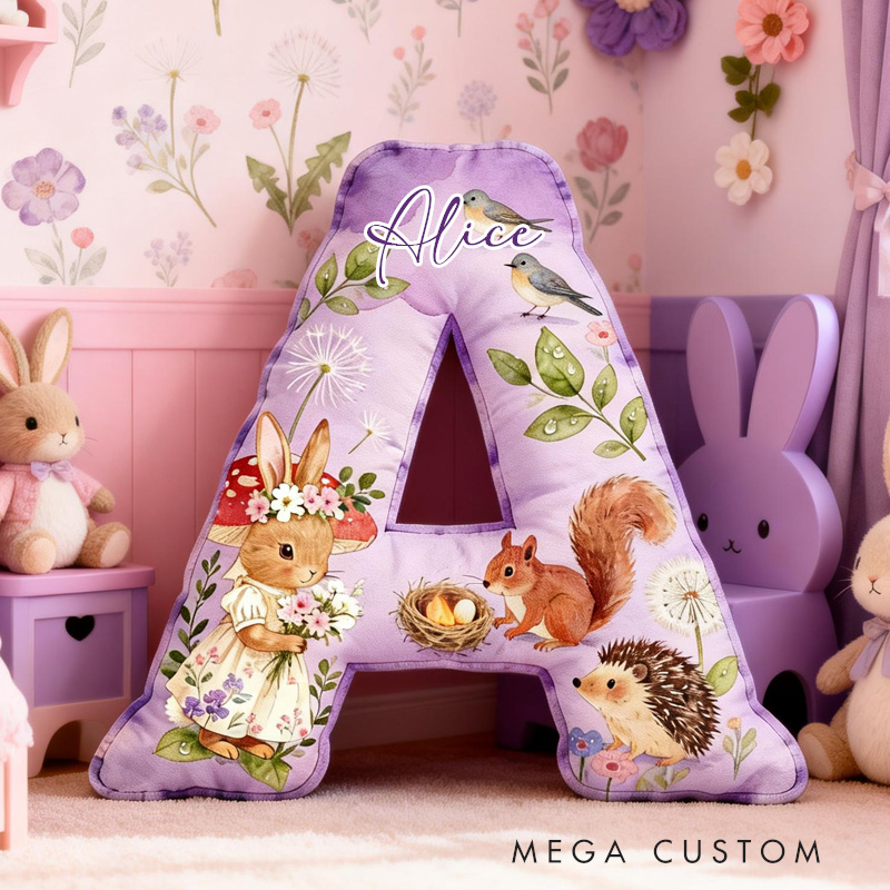 Personalized Woodland Animal Theme Custom Name Cute Bunny Hedgehog and Squirrel Pattern 3D Print Pillow