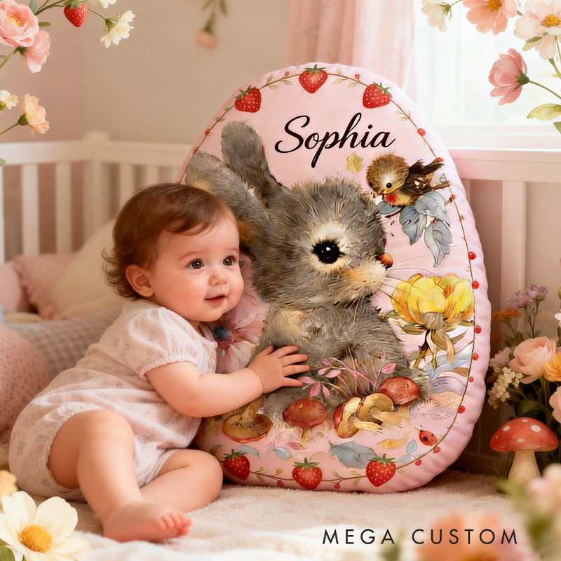 Personalized Bunny Theme Custom Name Cute Floral Rabbit Pattern Soft Nursery Decor 3D Print Pillow