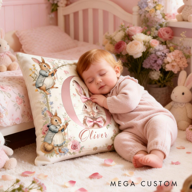 Personalized Bunny Theme Custom Name Cute Vintage Rabbit and Flower Pattern Nursery 3D Print Pillow